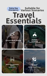 Portable EVA raincoat detail showing usage in hiking, camping, and water parks