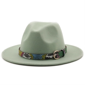 Detail of light green wool fedora hat featuring a stylish snakeskin band and gold buckle