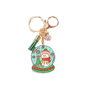 Christmas snowman snow globe keychain with green tassel and sparkling star sequins