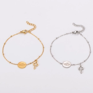 Gold and silver stainless steel cross bracelets with oval medals and extender chains