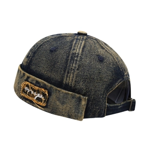 Vintage dark blue washed denim skull cap with enwp embroidery and adjustable strap