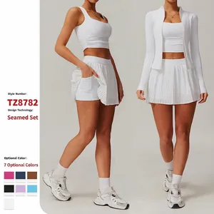 Women Yoga Set High Elastic Sport Tank Top And Pleated Tennis Skirt Athletic Workout Top And Bottom 2 Piece Suit