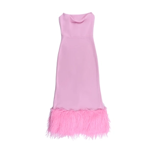 Detail view of pink satin party dress featuring a luxurious faux feather hem and sleek finish