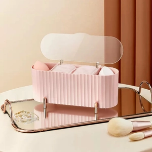 Light Luxury Fluted Plastic Makeup Organizer Box With Transparent Dustproof Lid For Cosmetic Cotton Pads Swabs Holder