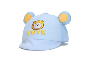 Cute light blue baby baseball cap featuring yellow bear ears and CUTE embroidery
