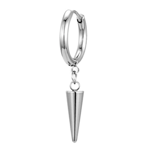 Detail of polished stainless steel huggie earring featuring a punk spike cone charm