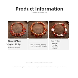 Detailed specs of acrylic irregular bead necklaces in amber tones with dimensions and weight