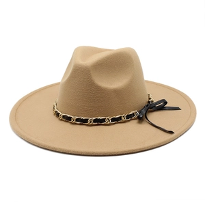 Elegant khaki wool fedora hat with a wide brim featuring a gold chain and leather band