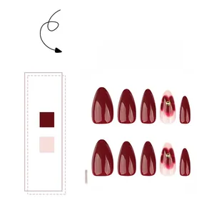 Lot de 10 faux ongles en amande avec motif marbré rouge et décorations de perles dorées