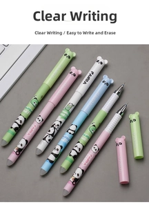 Close-up of 0.5mm panda erasable pens in various colors with cute silicone ear caps
