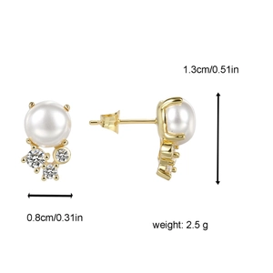 Elegant gold pearl stud earrings with zircon accents shown with size and weight specs