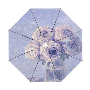 Automatic folding umbrella with lavender oil painting flower print and 8-rib structure