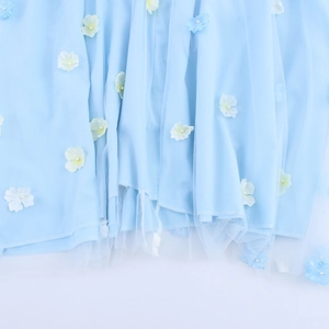 Light blue floral tulle maxi dress with 3D flower appliques and pearl details