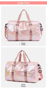 Detailed macro view of iridescent holographic pink travel bag showing side buckles and straps