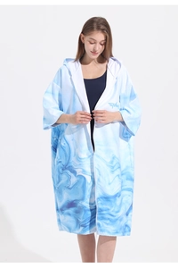 Front view of blue marble texture quick-dry hooded beach poncho with zipper