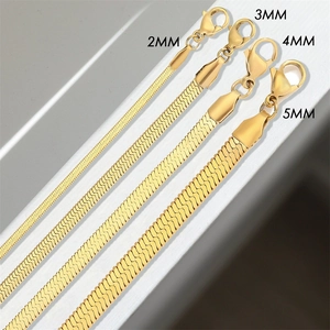 Detailed comparison of four widths of gold-plated flat snake chains ranging from 2mm to 5mm.