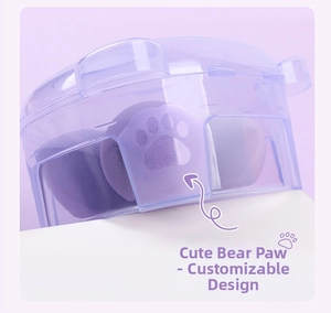 Detail of a purple bear claw beauty blender storage case with soft makeup sponges inside