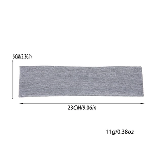 Gray sports headband dimensions shown as 23cm length and 6cm width with 11g weight
