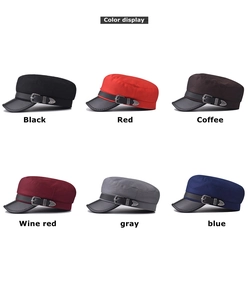 Color options of military caps featuring fabric body, leather brim and metal side buckles