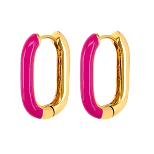 Detail of oval gold earrings featuring vibrant magenta enamel inlay and a clasp closure