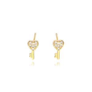 Pair of 18k gold plated key stud earrings with sparkling heart-shaped zircon stones
