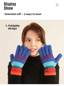 Detail showing colorful knitted rainbow striped gloves with extended foldable cuffs