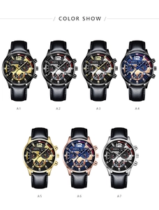 Présentation de sept montres à quartz pour hommes avec bracelets en cuir et boîtiers variés