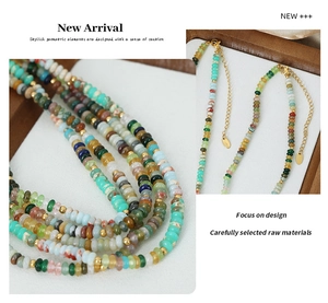 Detail of colorful abacus beads necklace with gold lobster clasp and extension chain