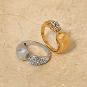 Stainless Steel Zircon Open Ring Adjustable Asymmetric Water Drop Smooth Polished Gold Plated Fashion Jewelry For Women