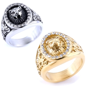 Men Lion Head Signet Ring Stainless Steel Cubic Zirconia Retro Punk Hip Hop Animal Carved Jewelry