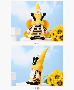 Front and side views of a yellow bee gnome doll with daisy hat and wings outdoors