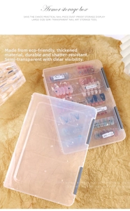 Macro view of clear plastic nail art storage box with compartments and dust-proof lid