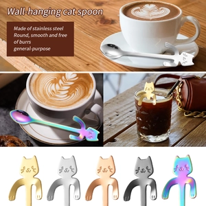Detailed view of 304 stainless steel cat shaped hanging spoons in five various colors