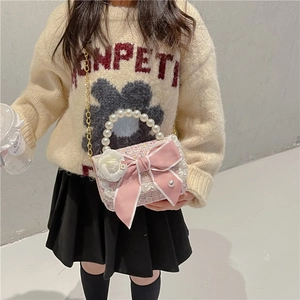Pink tweed kids crossbody bag with satin bow, camellia flower and pearl handle