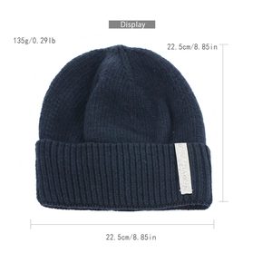 Navy blue winter knit beanie with product weight 135g and size 22.5cm display