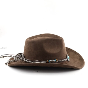Detail of the brown suede cowboy hat featuring woven band with turquoise and silver beads