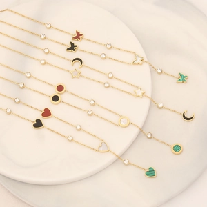 Fashion stainless steel gold necklaces with heart moon and butterfly crystal charms