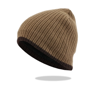 Close-up of thick knit beanie with khaki crown and dark brown ribbed cuff detail