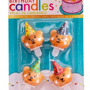 Set of 4 cute bear birthday candles with colorful party hats in premium blister pack