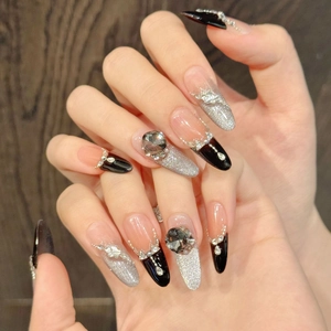 Handgefertigte Dark Moon Shadow Aufpressnägel Grau Katzenaugen Glanz Strass Gotisch Französischer Stil Falsche Nägel Für Damen Alltag Party