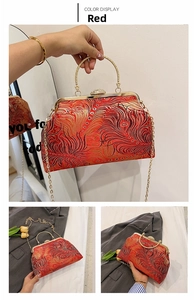 Red vintage evening bag with gold embroidery and rhinestone bow clasp shown in three angles