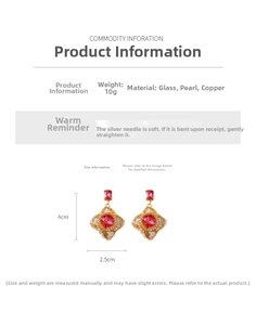 Detail view of vintage glass flower earrings with size measurements and material specs