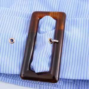 Women striped shirt with lapel long sleeves featuring a tortoise resin buckle belt detail