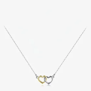 Collier Double Cœur Entrelacé Argent Sterling 925 Plaqué Or 18K Bicolore Pendentif Creux Bijoux Élégants Femmes