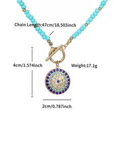 Detailed view of turquoise bead necklace with OT buckle and rhinestone pendant dimensions