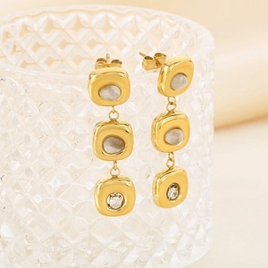 Elegant gold-tone square triple drop earrings with cat eye stones and zircon accents