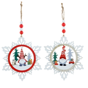 Three-layer wooden snowflake Christmas gnome ornaments with red and white beads
