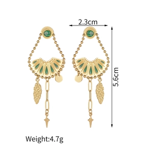 Bohemian fan-shaped earrings with green malachite pendant in 14K gold plated steel