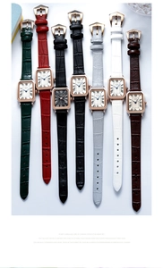 Detailed view of rectangular quartz watches with leather straps in multiple colors
