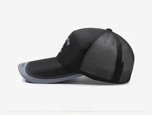 Side view of black mesh baseball cap with white SPORT embroidery and gray brim trim